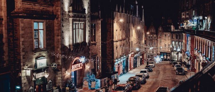 Upper street view of Berties Restaurant with Christmas lights
