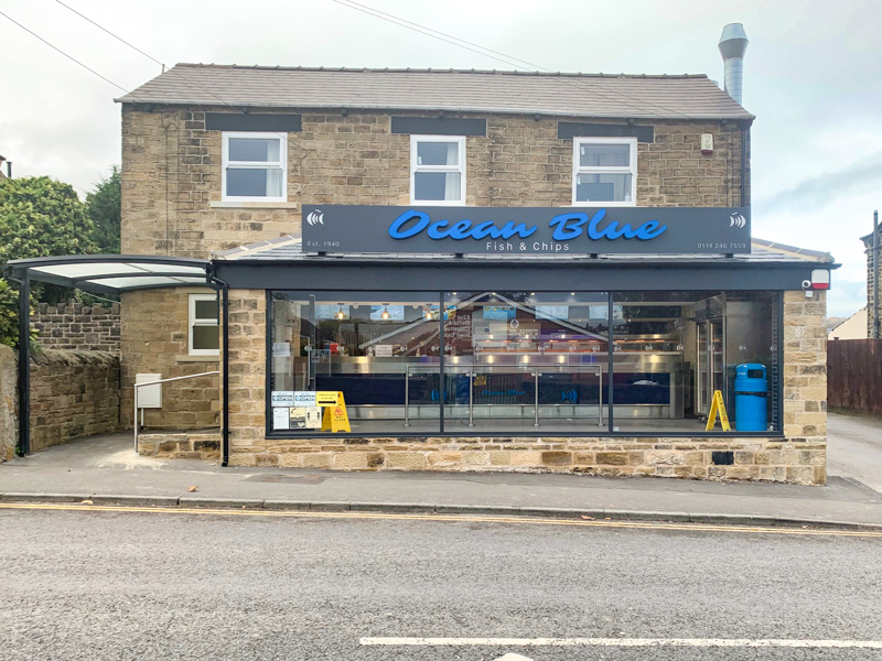 Frontage of Ocean Blue Fish and Chips in Sheffield