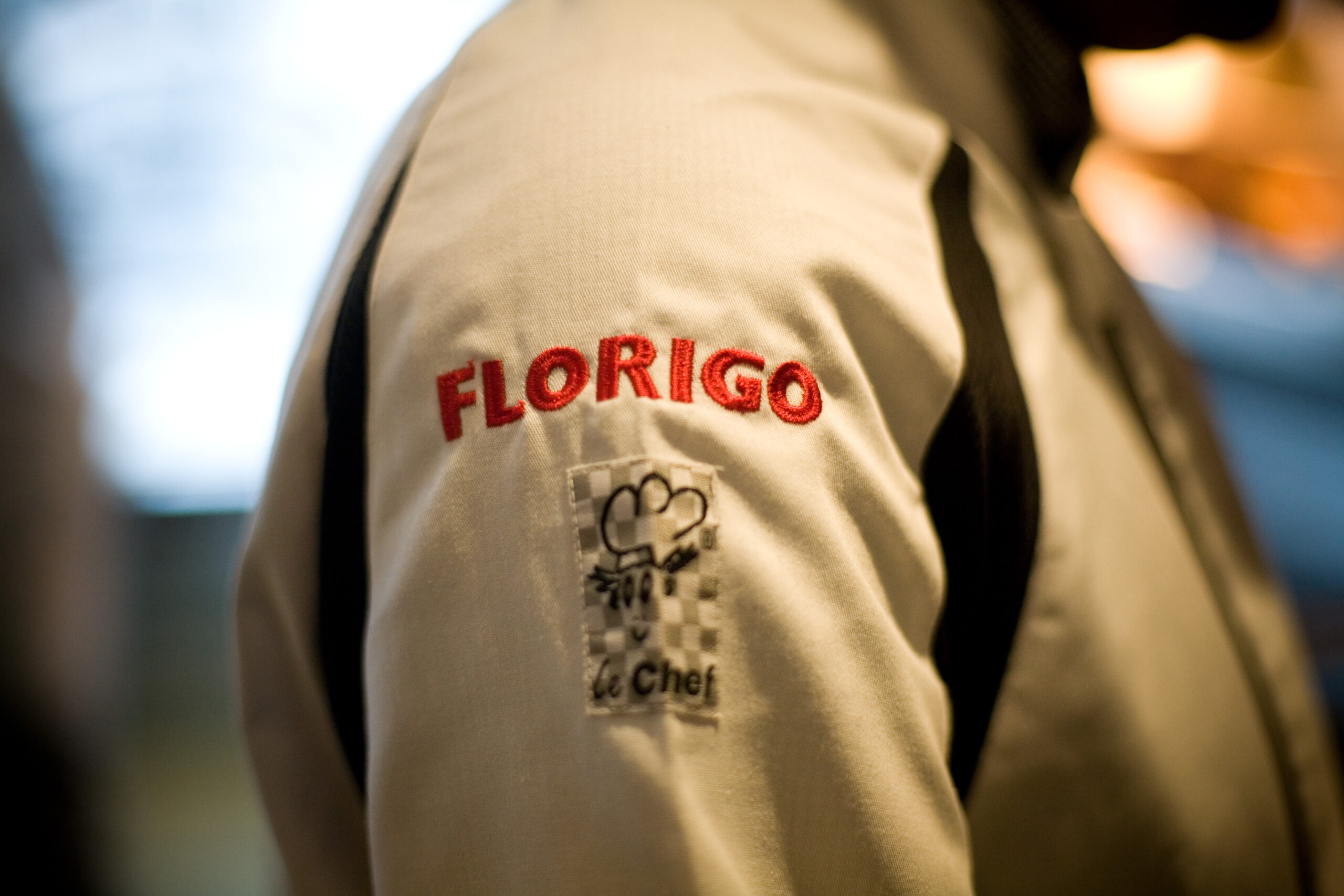 Florigo stitched logo on chefs whites