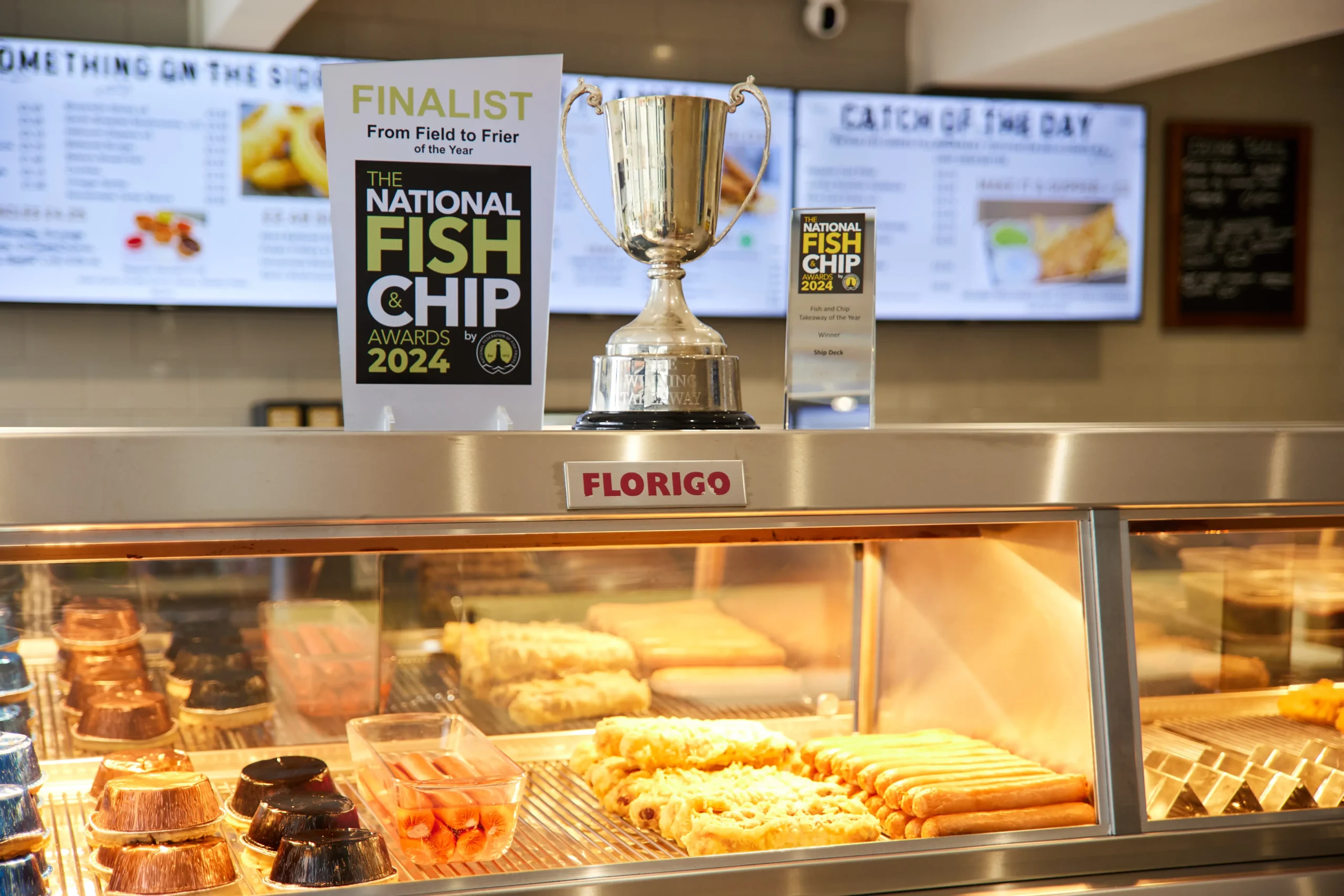 The ship deck finalist fish and chip award 2023 trophy pictured inside their fish and chip shop