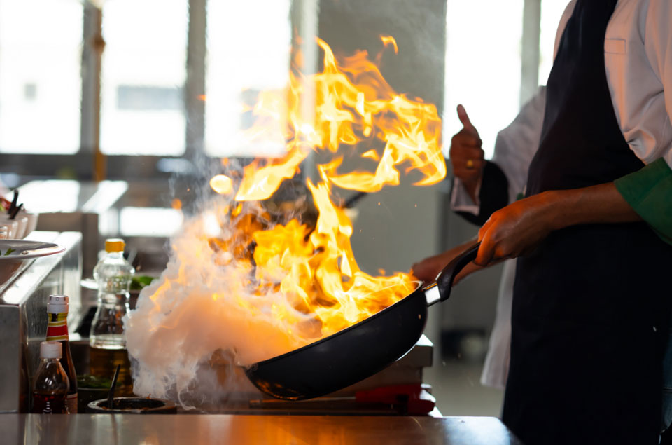 Flames coming from frying pan